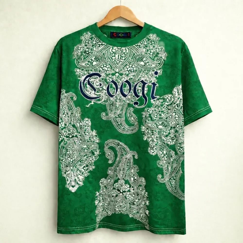 Vintage Coogi Embroidered Men’s Green Paisley Logo Short Sleeve Shirt XL